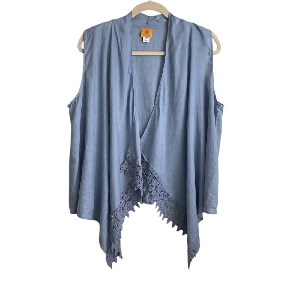 Ruby Rd Woman Vest Top 2X Blue Linen Crochet Trim Open Front Beachy Boho Cowgirl